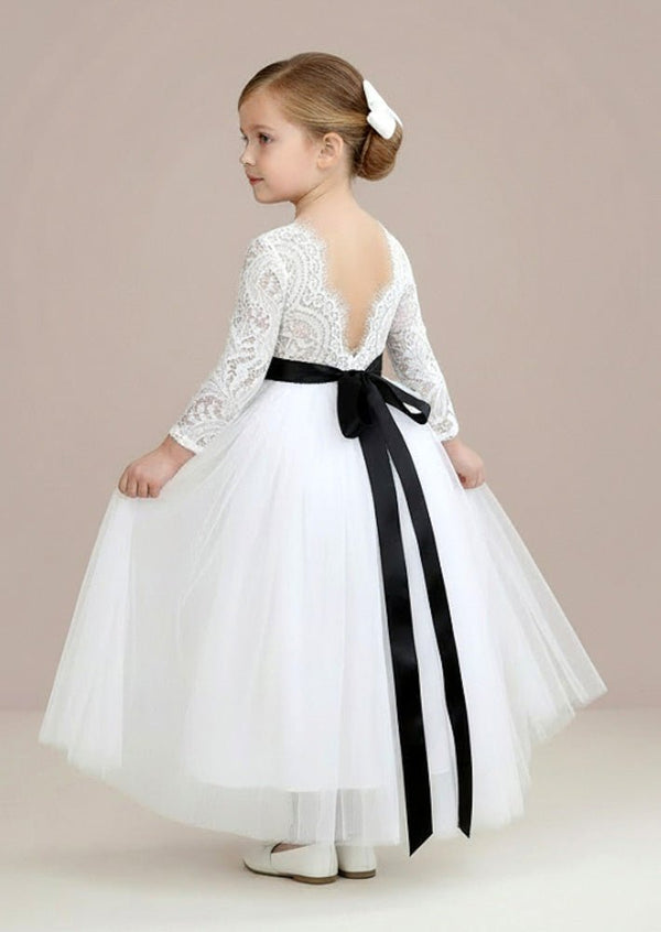 Boho Tulle Flower Girl Dress Long Sleeve Classic White - 