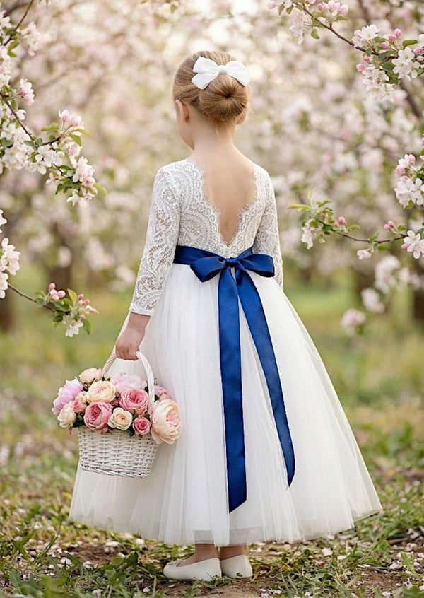 Boho Tulle Flower Girl Dress Long Sleeve Classic White - 