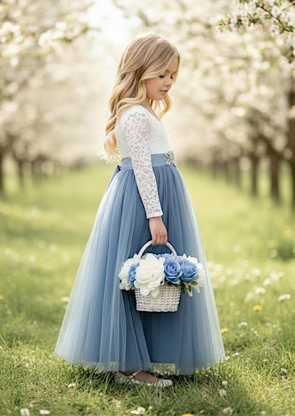 Boho Tulle Flower Girl Dress Long Sleeve Dusty Blue - 