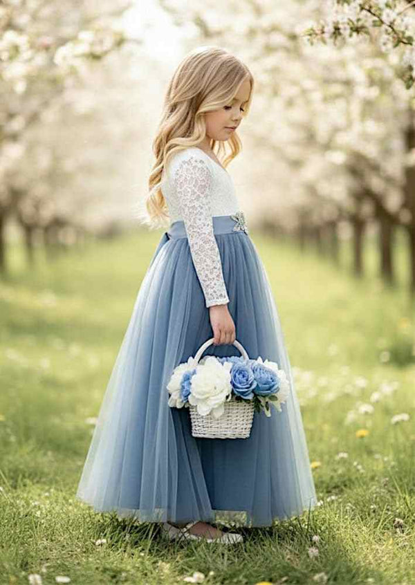 Dusty Blue Flower Girl Dress - Elegant Long Sleeve Gown for Special Occasions Dusty Blue Flower Girl Dress - Elegant Long Sleeve Gown for Special Occasions