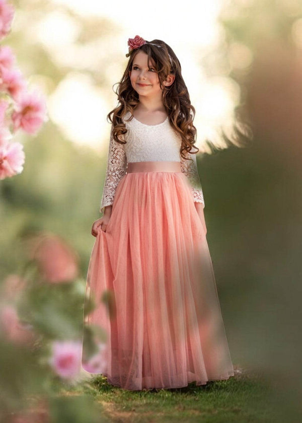 Boho Tulle Flower Girl Dress Long Sleeve Dusty Pink - 