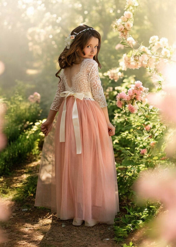 Boho Tulle Flower Girl Dress Long Sleeve Dusty Pink - 