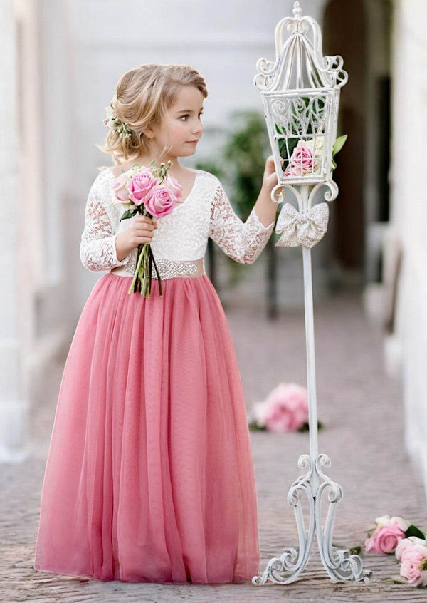 Boho Tulle Flower Girl Dress Long Sleeve Dusty Rose - 