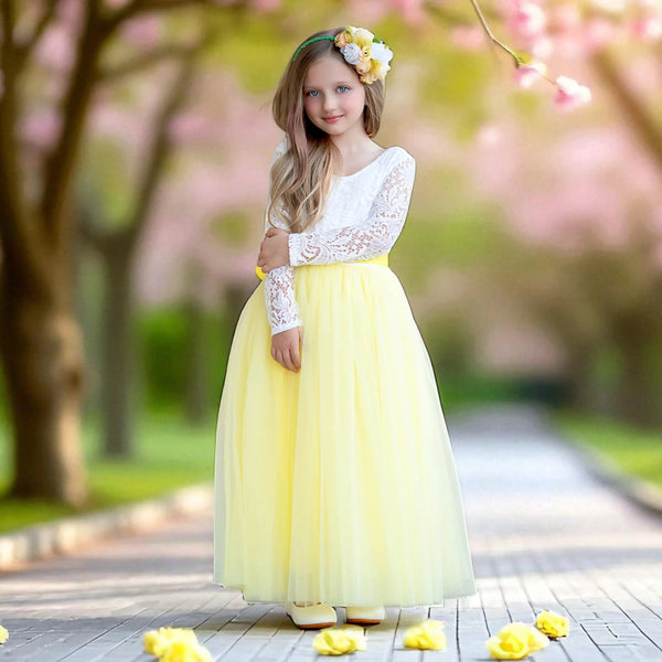 Boho Tulle Flower Girl Dress Long Sleeve Pale Yellow - 