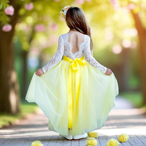 Boho Tulle Flower Girl Dress Long Sleeve Pale Yellow - 