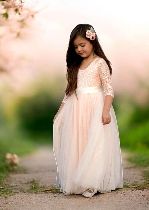 Boho Tulle Flower Girl Dress Long Sleeve Peach Blush - 