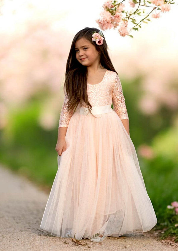 Boho Tulle Flower Girl Dress Long Sleeve Peach Blush - 