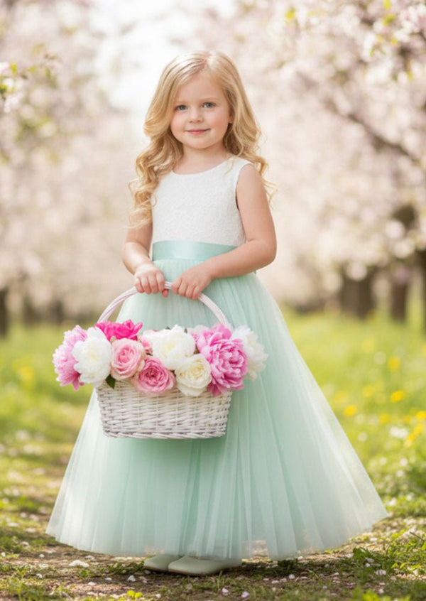 Boho Tulle Flower Girl Dress Sleeveless Aqua Mint - 