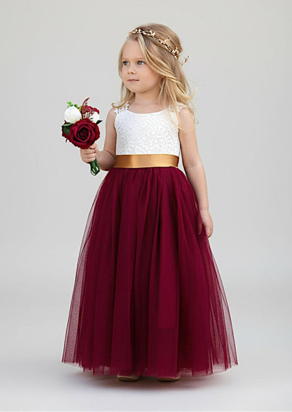 Boho Tulle Flower Girl Dress Sleeveless Burgundy - 