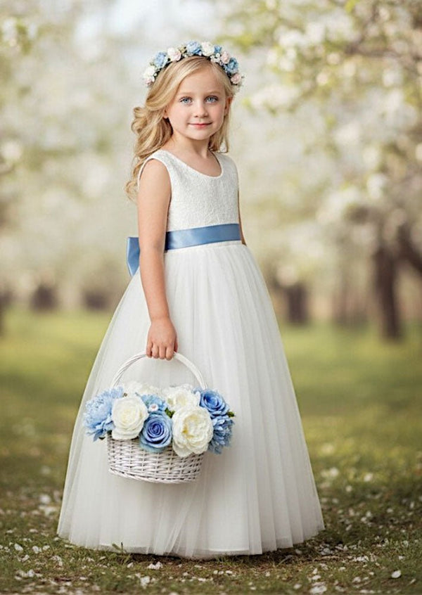 Boho Tulle Flower Girl Dress Sleeveless Classic White - 