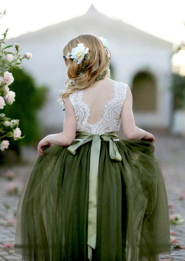 Boho Tulle Flower Girl Dress Sleeveless Deep Olive - 