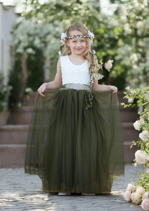 Boho Tulle Flower Girl Dress Sleeveless Deep Olive - 