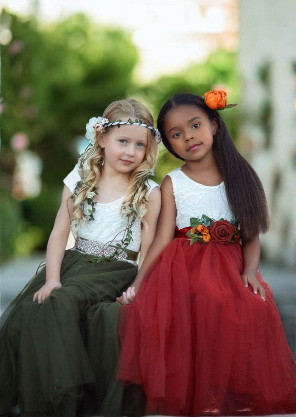 Deep Olive Boho Tulle & Lace Flower Girl Dresses for Weddings Deep Olive Boho Tulle & Lace Flower Girl Dresses for Weddings