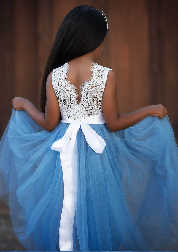 Boho Tulle Flower Girl Dress Sleeveless Dusty Blue - 