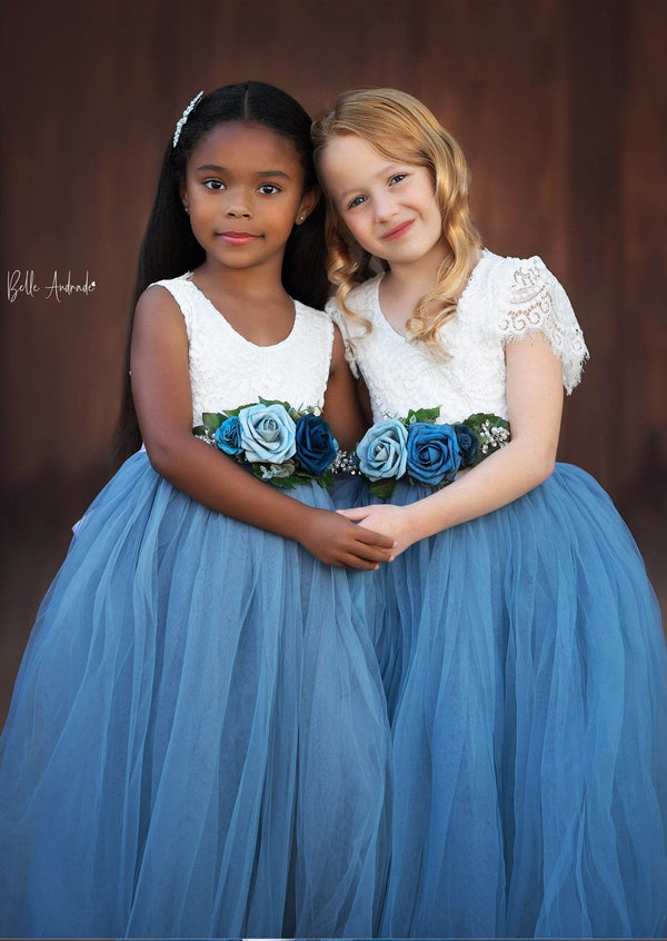 Boho Tulle Flower Girl Dress Sleeveless Dusty Blue - 