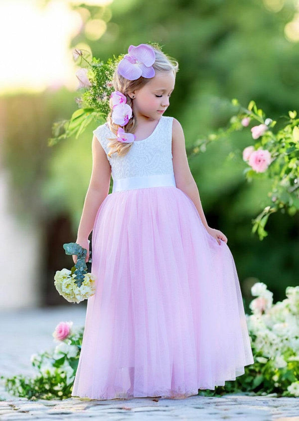 Boho Tulle Flower Girl Dress Sleeveless Light Pink - 