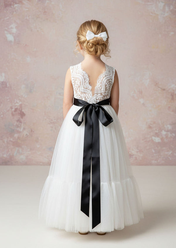 Boho Tulle Flower Girl Dress Sleeveless Mermaid Classic White - 