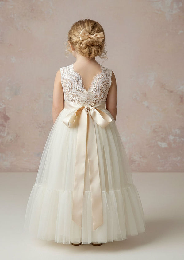Boho Tulle Flower Girl Dress Sleeveless Mermaid Ivory - 