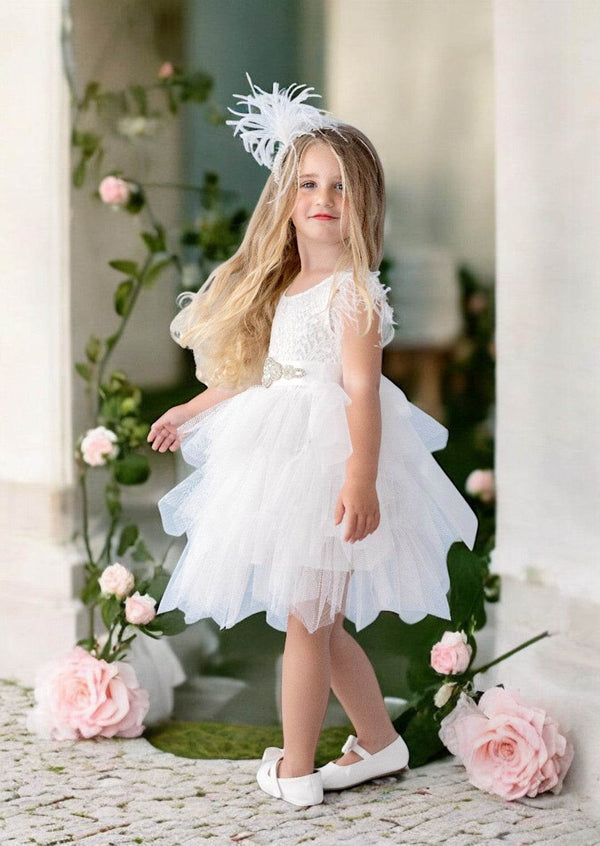 Boho Tulle Layered Flower Girl Dress Knee Length White - 