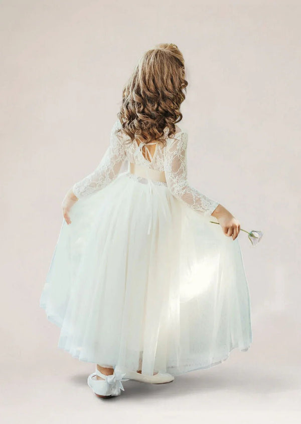 Boho Tulle Scoop Back Flower Girl Dress Ivory - 