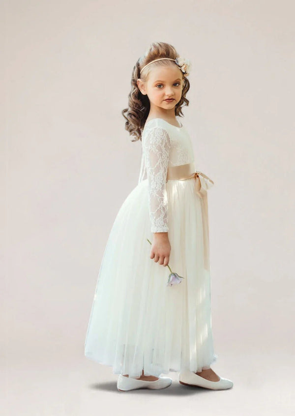 Boho Tulle Scoop Back Flower Girl Dress Ivory - 
