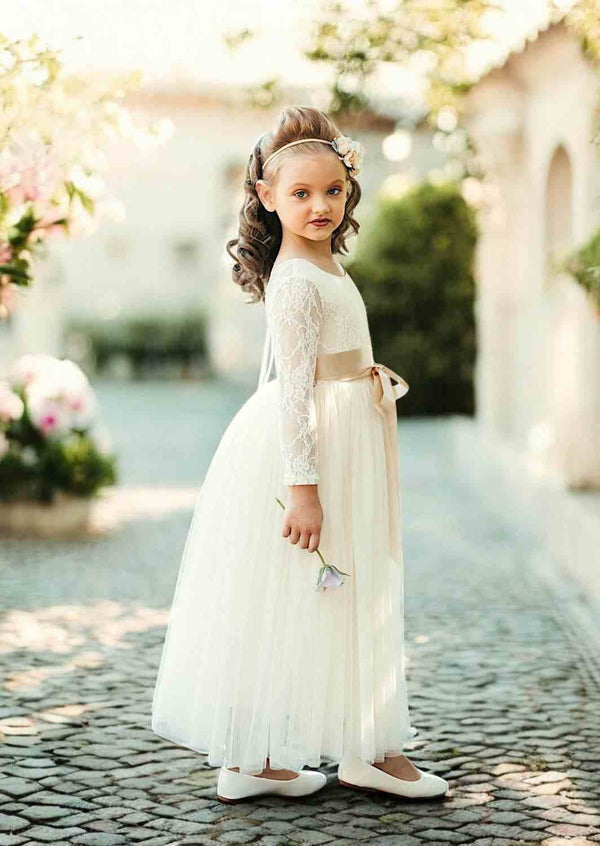 long sleeve white tulle flower girl dress Romantic Long Sleeves White Tulle Lace Flower Girl Dress Appliques Wedding Party Dress for Girls