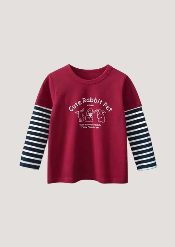Burgundy & Stripe Long Sleeve Rabbit Tee - 