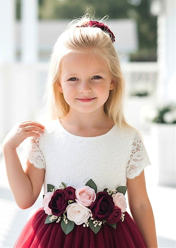 Custom Flower Sash Belt Burgundy, blush pink, white