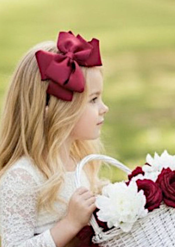 Burgundy Flower Girl Dress White Lace Bodice & Feathered Open Back