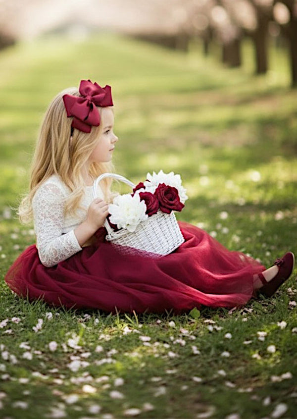 Burgundy Flower Girl Dress White Lace Bodice & Feathered Open Back