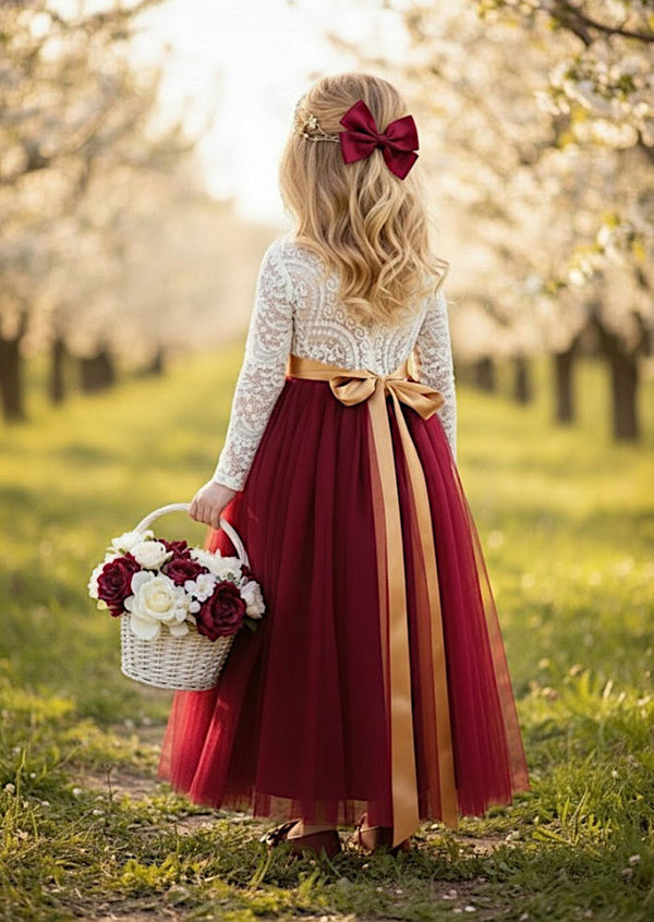Burgundy Flower Girl Dress White Lace Bodice & Feathered Open Back