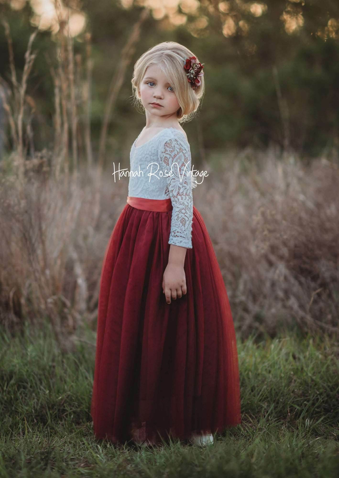 Burgundy Sleeveless Rustic Boho Flower Girl Dress with Vintage Charm 4Year Dress with Plain Sash