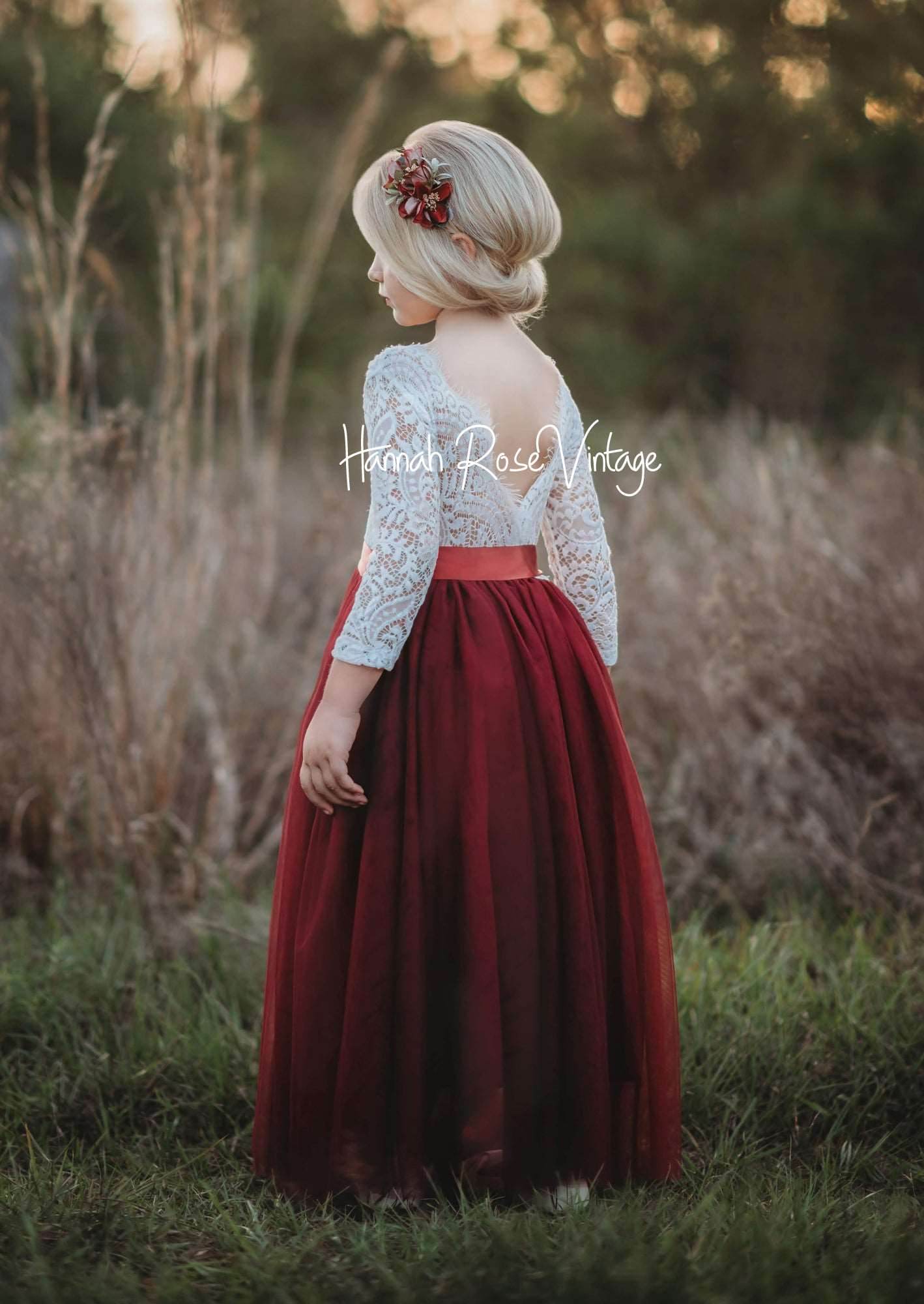 Burgundy Sleeveless Rustic Boho Flower Girl Dress with Vintage Charm Dress with Plain Sash
