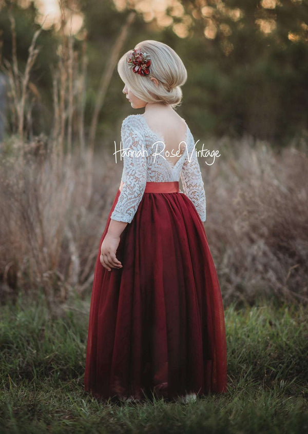 burgundy and white flower girl dress