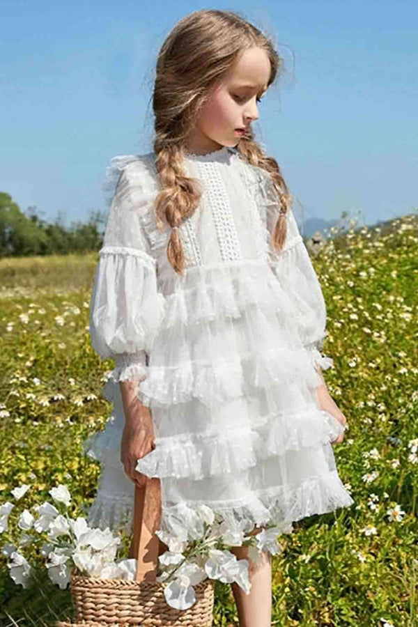 Blue Cake Layers girls dress with sheer puff sleeves and crochet lace trim, perfect for parties and special occasions