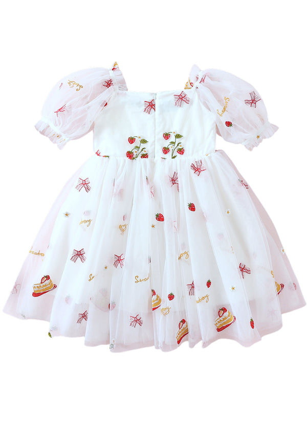 White Strawberry Birthday Dress Cake Party Puff Sleeve