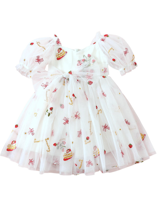 White Strawberry Birthday Dress Cake Party Puff Sleeve