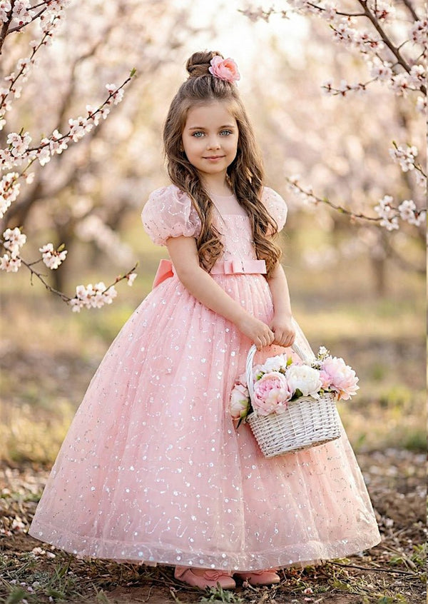 pink sequin puff sleeve dress Blush Pink Embellished Gown with Puff Sleeves - Pretty Sequin Dress with Sweetheart Neckline