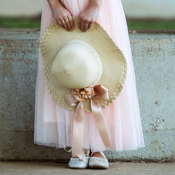 Short Sleeve Tulle Boho Flower Girl Dresses in Blush