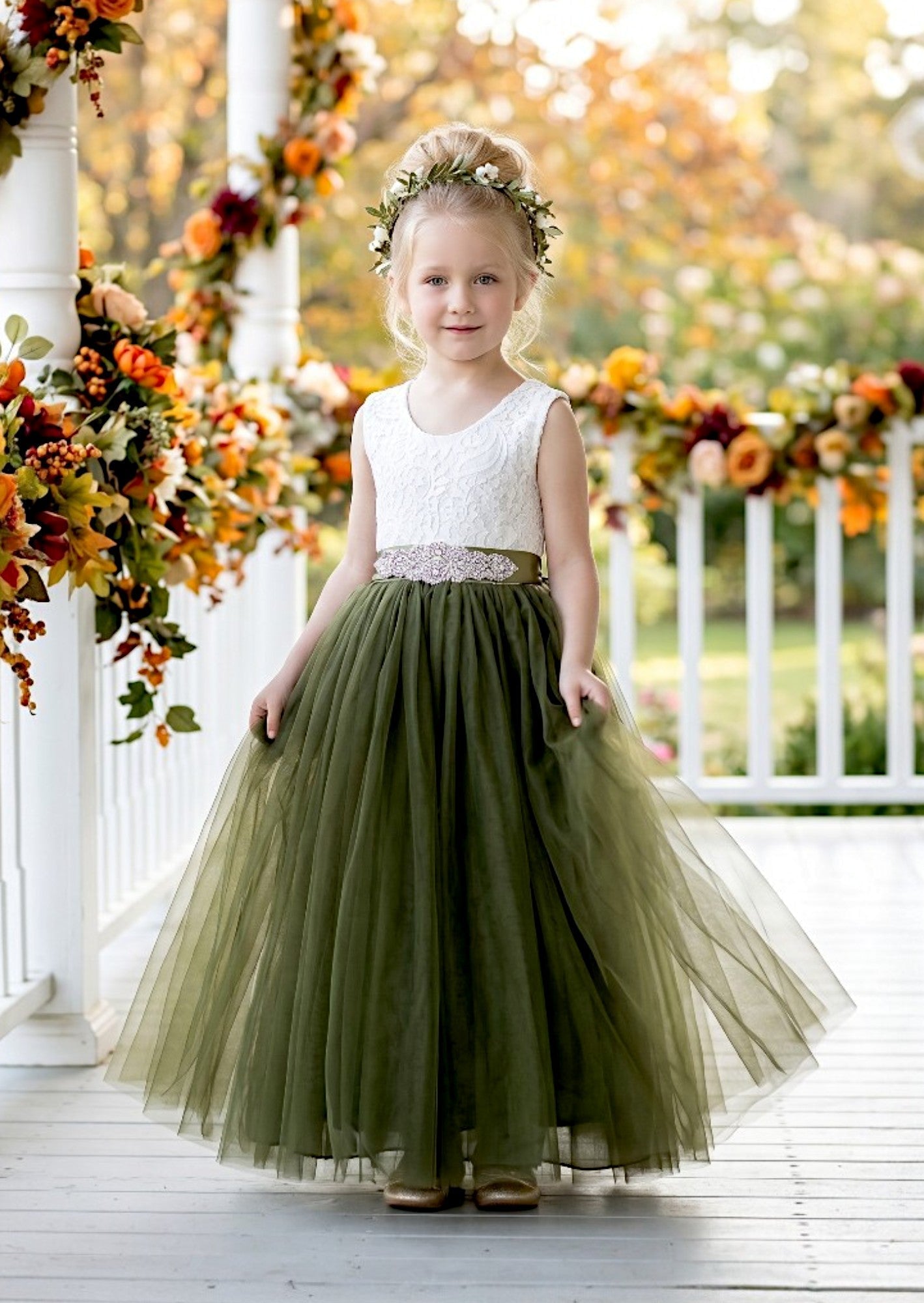 Celine Deep Olive Sleeveless Flower Girl Dress