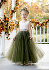 Celine Deep Olive Sleeveless Flower Girl Dress with lace bodice and flowing tulle skirt
