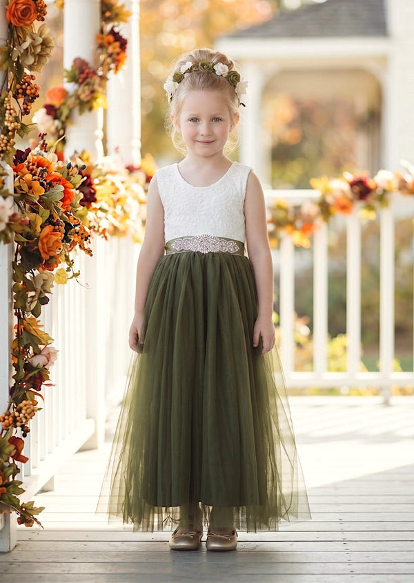 Celine Deep Olive Sleeveless Flower Girl Dress - 