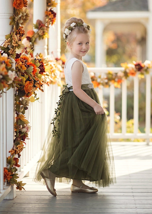 Celine Deep Olive Sleeveless Flower Girl Dress - Elegant Wedding Dress Celine Deep Olive Sleeveless Flower Girl Dress - Elegant Wedding Dress