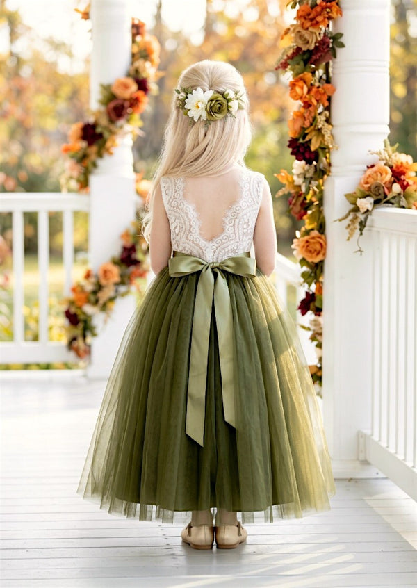 Celine Deep Olive Sleeveless Flower Girl Dress - Dress with Satin Sash / 12M Celine Deep Olive Sleeveless Flower Girl Dress - Dress with Satin Sash / 12M