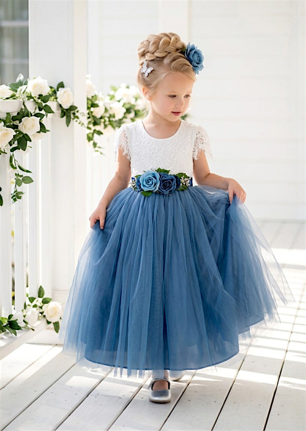 Celine Dusty Blue Flutter Sleeve Flower Girl Dress - 