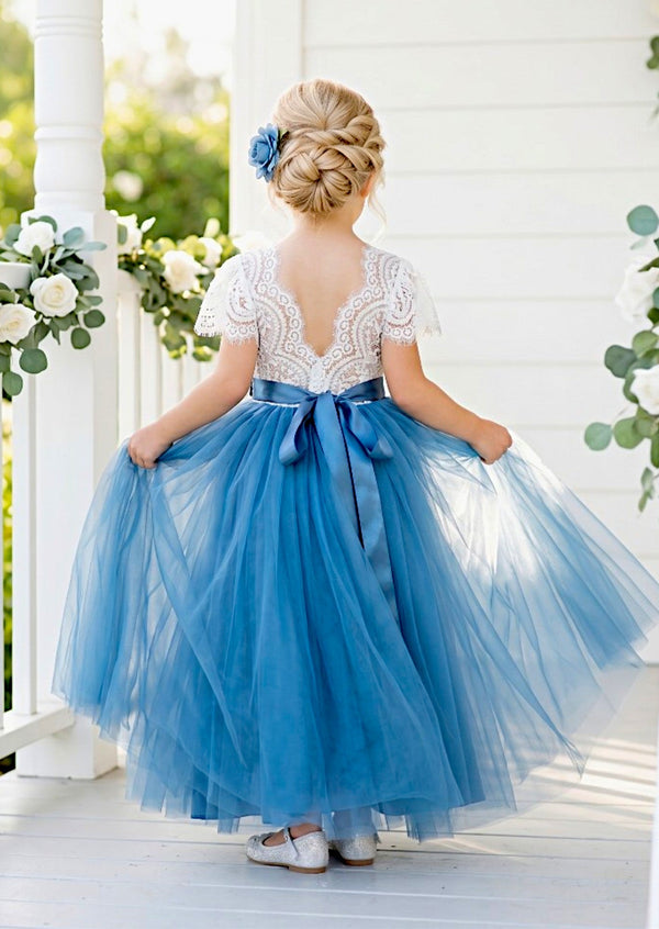 Celine Dusty Blue Flutter Sleeve Flower Girl Dress - 