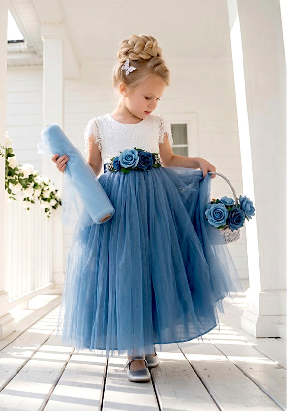Celine Dusty Blue Flutter Sleeve Flower Girl Dress - 