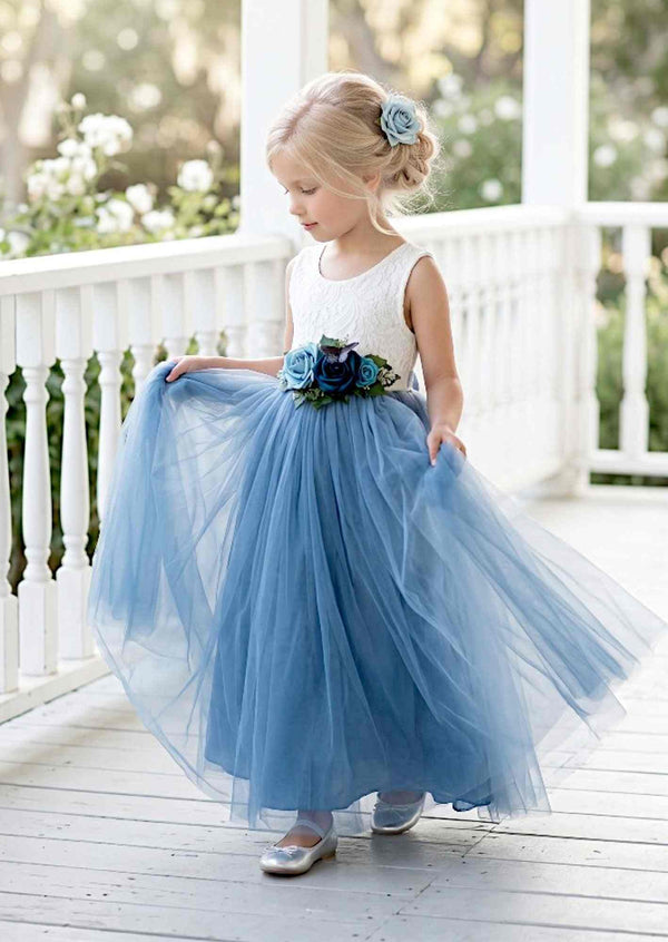 Celine Dusty Blue Sleeveless Flower Girl Dress - 