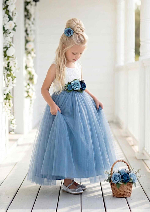 Celine Dusty Blue Sleeveless Flower Girl Dress - 