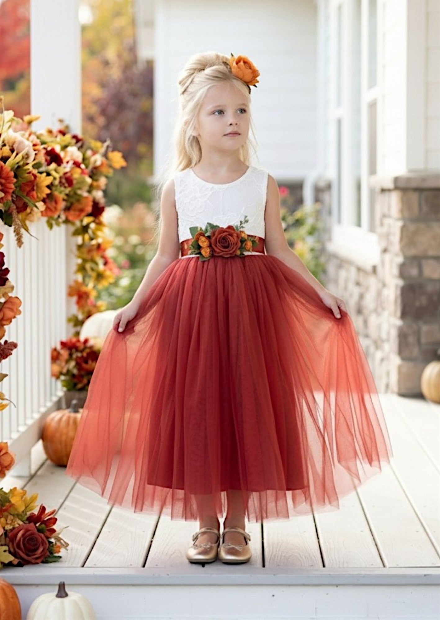 fall color flower girl dresses Marcella - Burnt Orange Velvet Flower Girl Dress